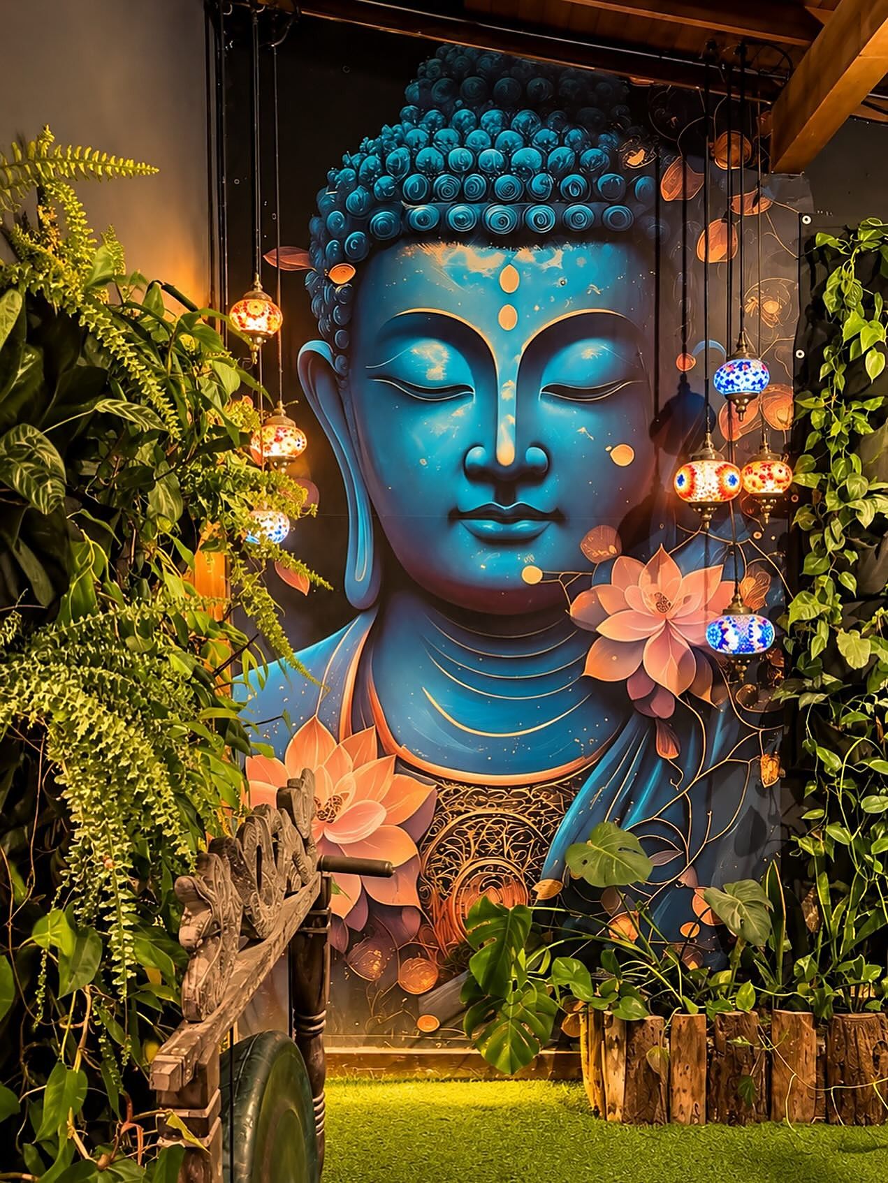 Bosque Isabelino de Mystic: mural de un Buda azul rodeado de plantas, flores de loto y lámparas de colores